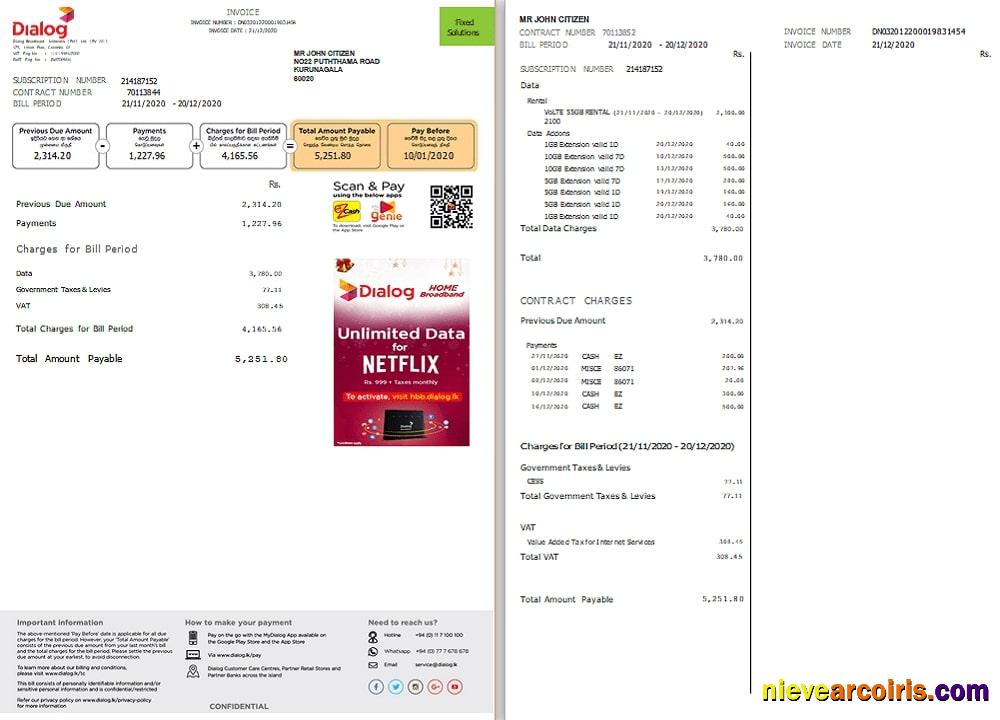 Sri Lanka Dialog utility bill 2 pages